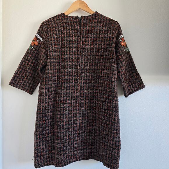 Zara Embroidered Plaid Tweed Mini Dress 3/4 Sleeves Brown Boho Twee - Picture 5 of 9